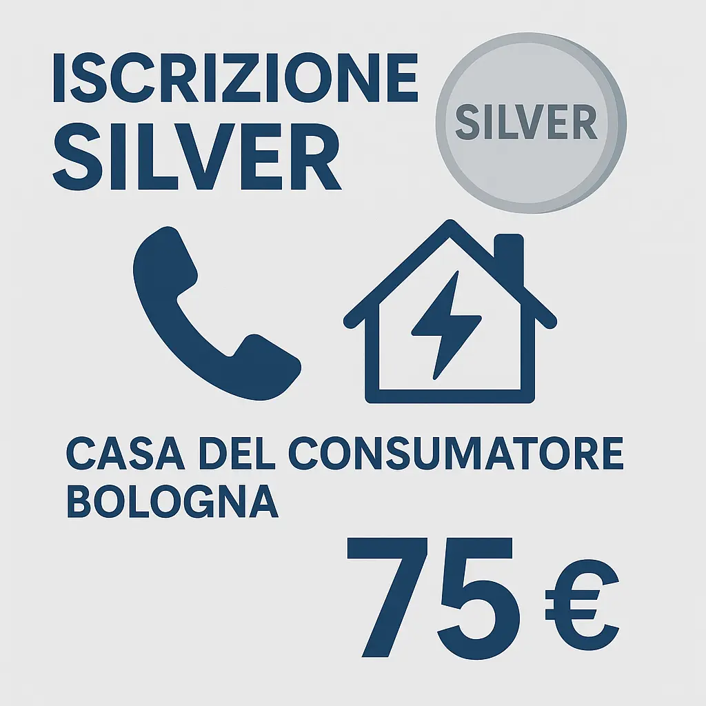 Grafica dell’iscrizione Silver della Casa del Consumatore Bologna, con icone di telefonia ed energia e prezzo annuale di 75 euro