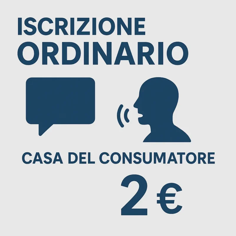 Grafica dell’iscrizione Ordinario della Casa del Consumatore Bologna, con icone di consultazione orale e prezzo annuale di 2 euro.
