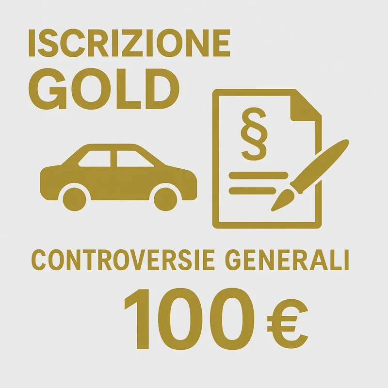 Grafica dell’iscrizione Gold della Casa del Consumatore Bologna, con icone relative a controversie generali come auto e documenti legali, e prezzo annuale di 100 euro.
