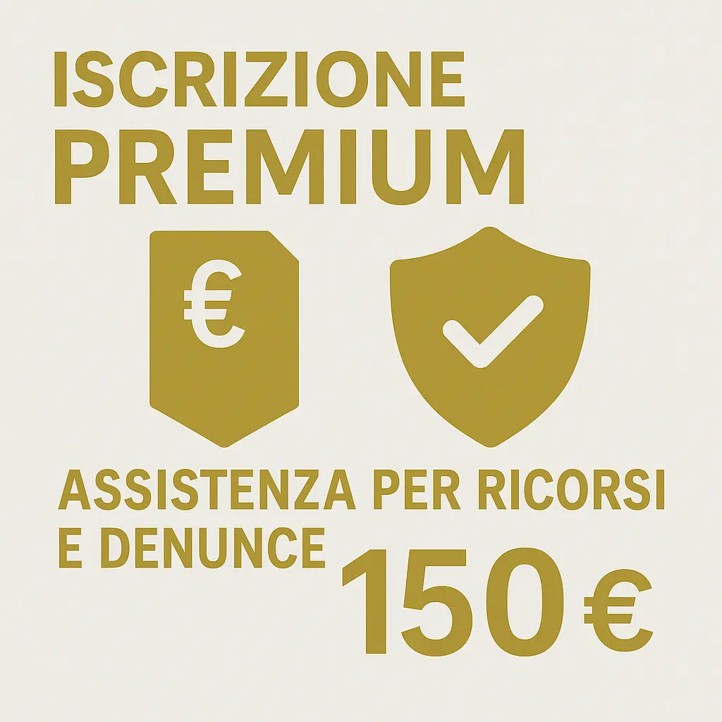 Grafica dell’iscrizione Premium della Casa del Consumatore Bologna, con icone di tutela legale e supporto per ricorsi e denunce, e prezzo annuale di 150 euro.
